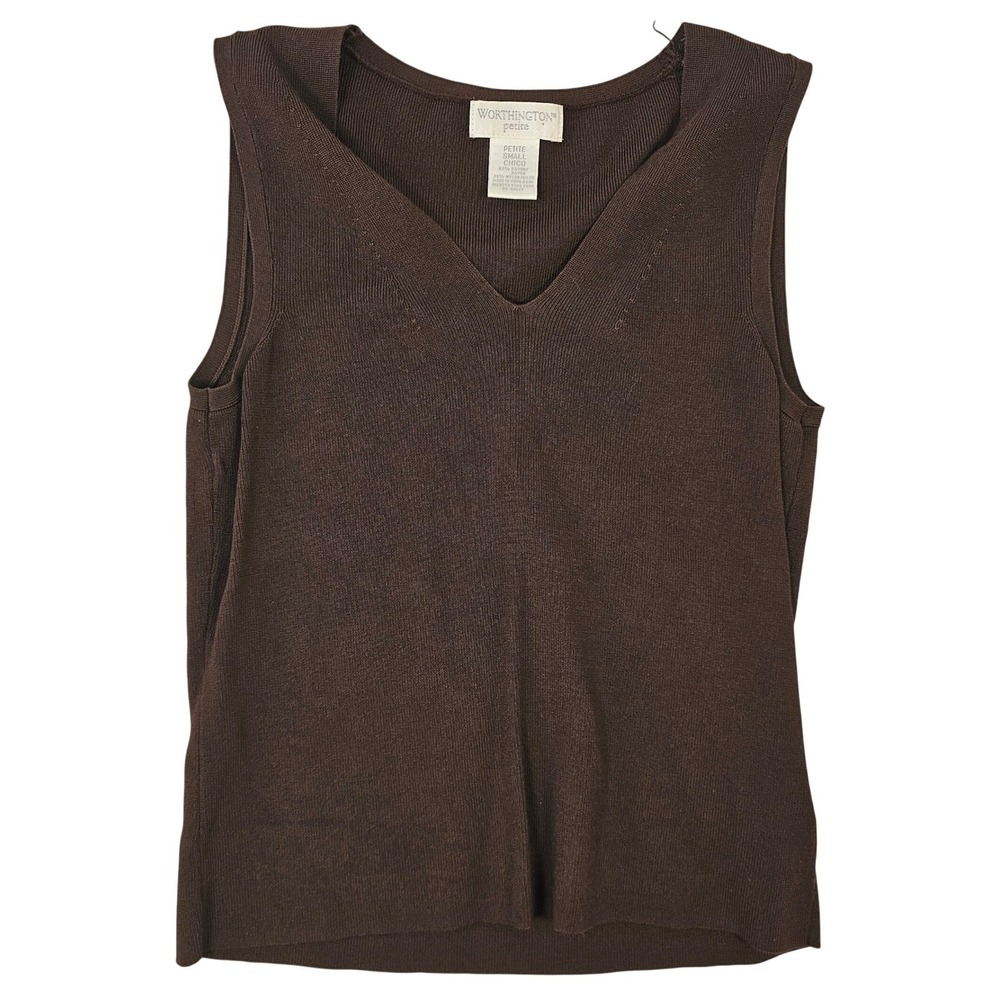 Worthington Petite Small Brown V-Neck Sleeveless KnitTop Shell Ribbed RayonBlend